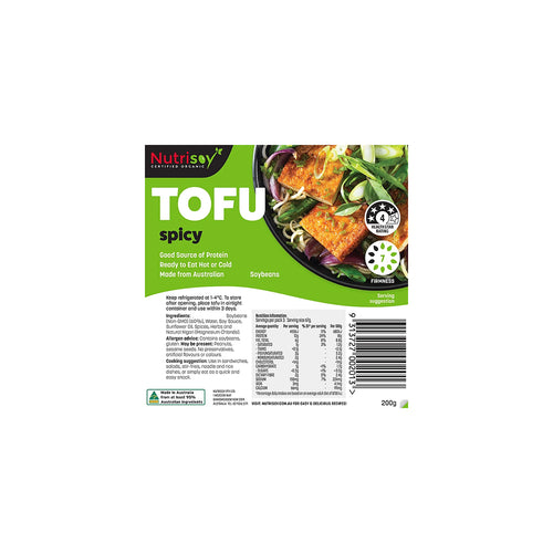 Spicy Tofu 200g  has a secret blend of Asian spices which gives this tofu a nice zesty flavour with a spicy kick. It's pre-cooked so it's ready to eat.